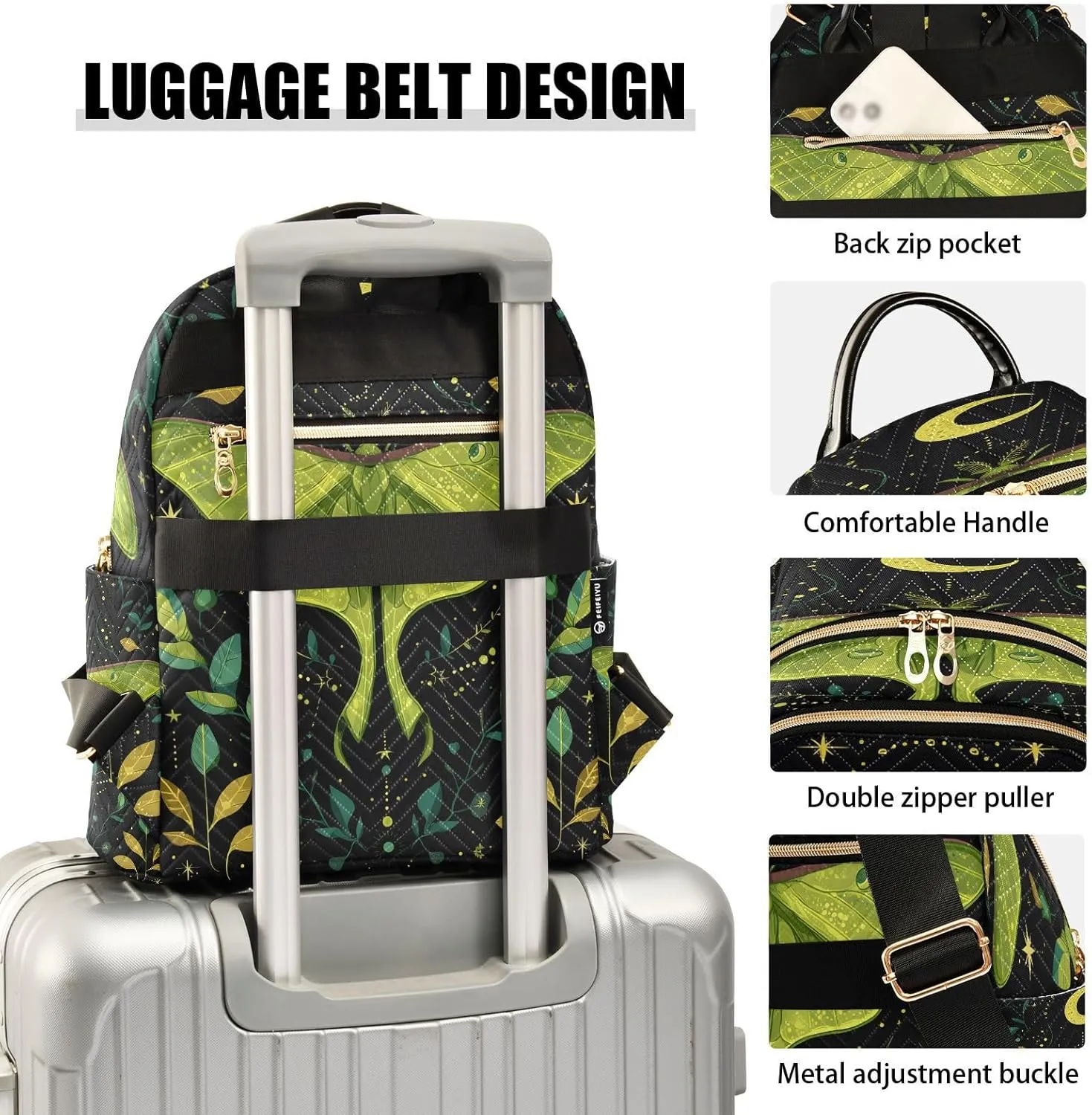ALAZA Mini Backpack for Women Mystical Green Moth Travel Backpack Purse for Ladies Handbag Shoulder Bag Casual Daypack, M