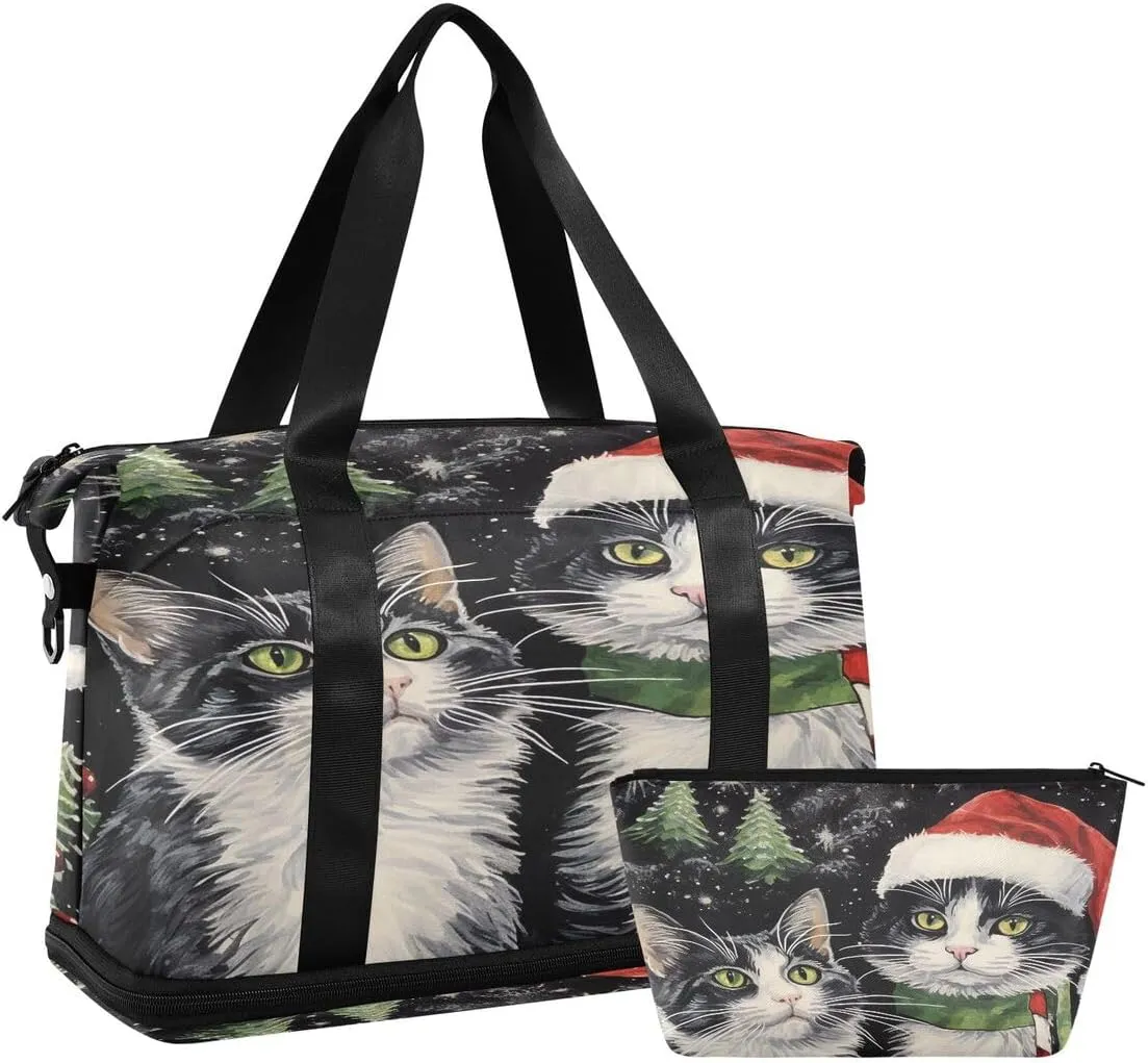 ALAZA Pine Tree Snowflake Merry Christmas Kitten Duffel Bag with Shoe Compartment Tote Bag Weekender Overnight Bag with Wet Pocket for Travel,Gym,Yoga,Swimming