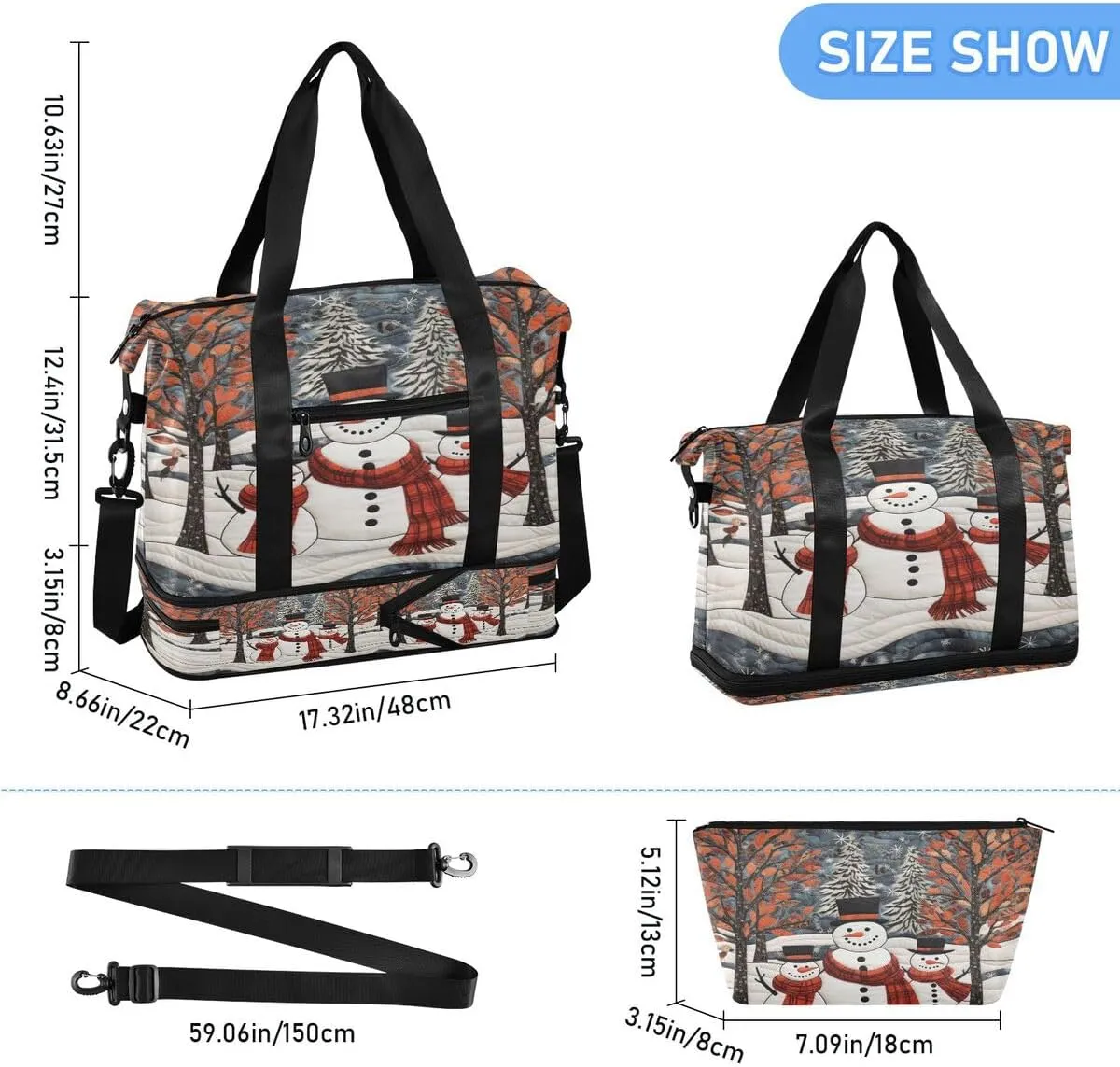 ALAZA Tree Snowman Snow Merry Christmas Travel Duffel Bag with Shoe Compartment Tote Bag Weekender Overnight Bag with Wet Pocket for Travel,Gym,Yoga,Swimming