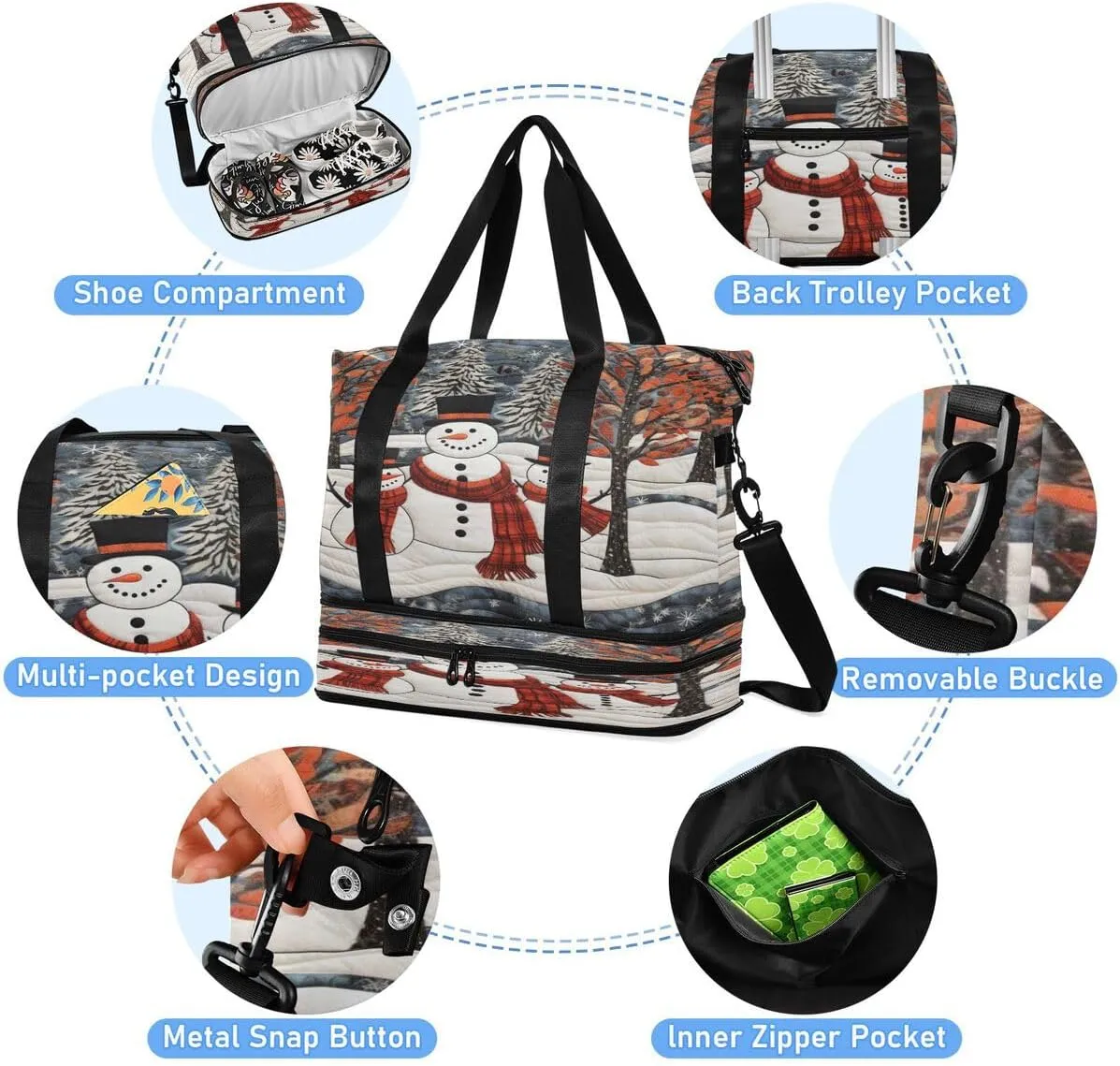 ALAZA Tree Snowman Snow Merry Christmas Travel Duffel Bag with Shoe Compartment Tote Bag Weekender Overnight Bag with Wet Pocket for Travel,Gym,Yoga,Swimming