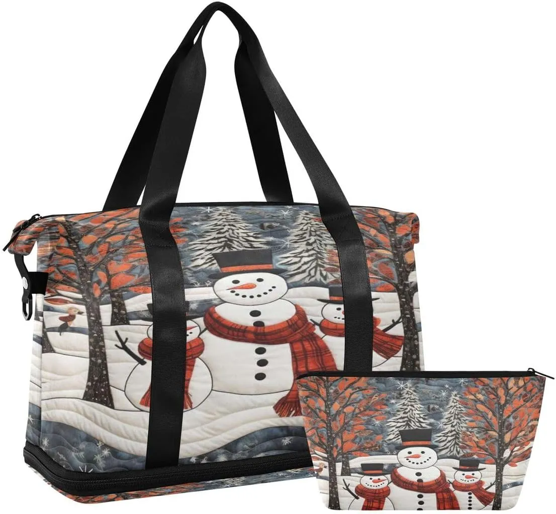 ALAZA Tree Snowman Snow Merry Christmas Travel Duffel Bag with Shoe Compartment Tote Bag Weekender Overnight Bag with Wet Pocket for Travel,Gym,Yoga,Swimming