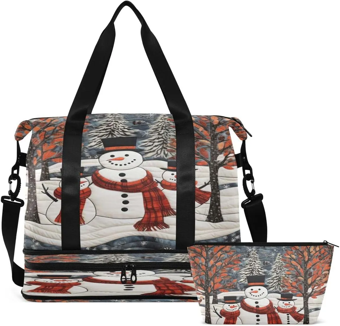 ALAZA Tree Snowman Snow Merry Christmas Travel Duffel Bag with Shoe Compartment Tote Bag Weekender Overnight Bag with Wet Pocket for Travel,Gym,Yoga,Swimming