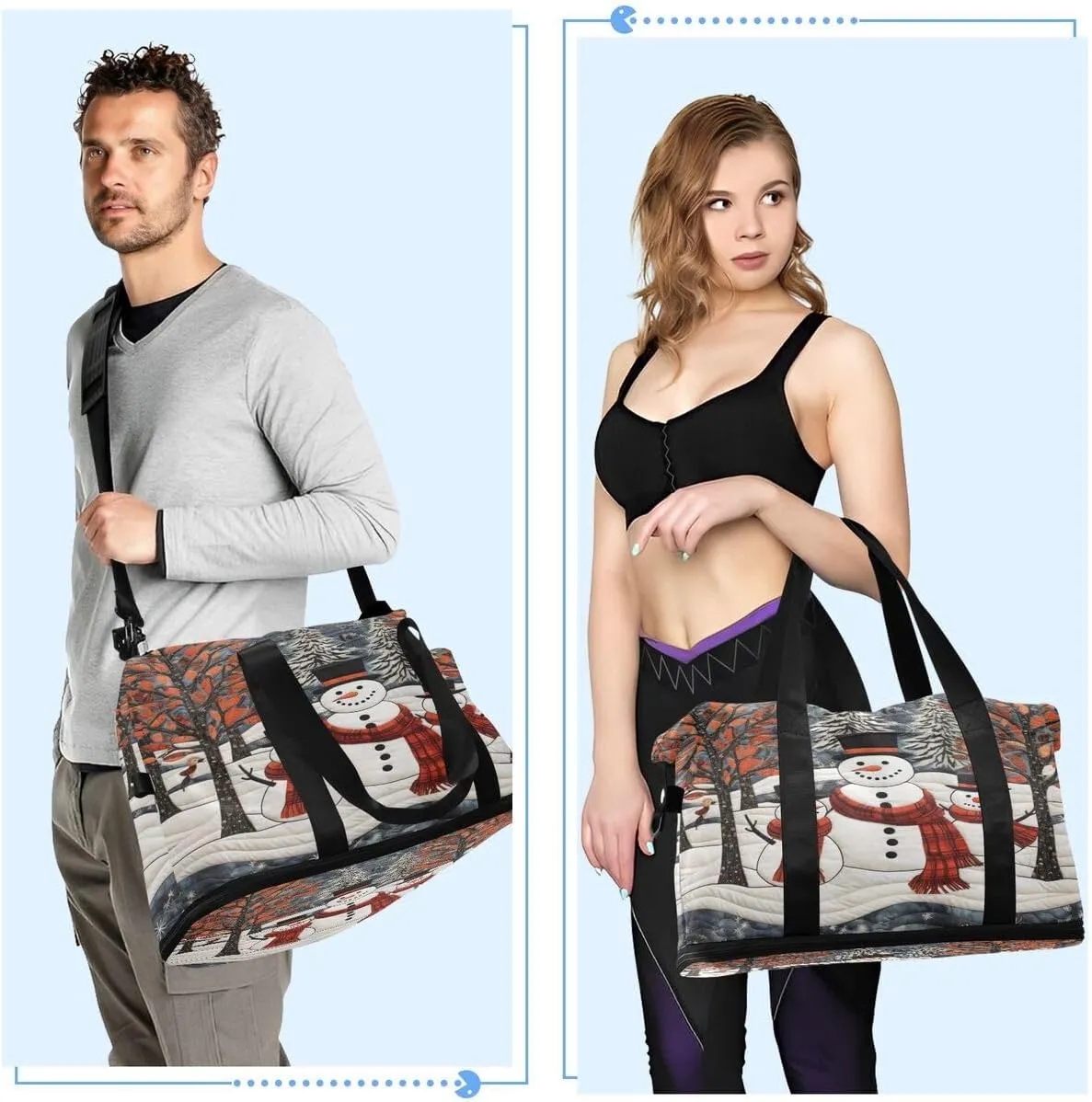 ALAZA Tree Snowman Snow Merry Christmas Travel Duffel Bag with Shoe Compartment Tote Bag Weekender Overnight Bag with Wet Pocket for Travel,Gym,Yoga,Swimming