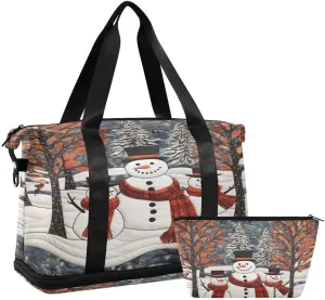 ALAZA Tree Snowman Snow Merry Christmas Travel Duffel Bag with Shoe Compartment Tote Bag Weekender Overnight Bag with Wet Pocket for Travel,Gym,Yoga,Swimming