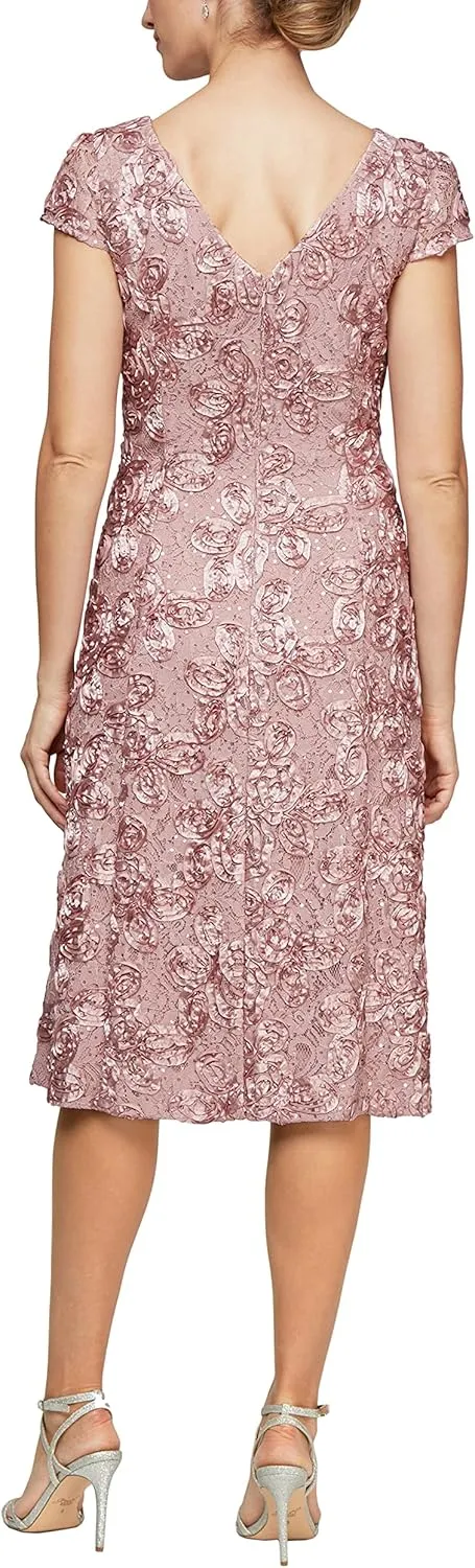 Alex Evenings Women's Tea Length Mother of The Bride Dress with Rosette Lace Detail (Petite and Regular Sizes)