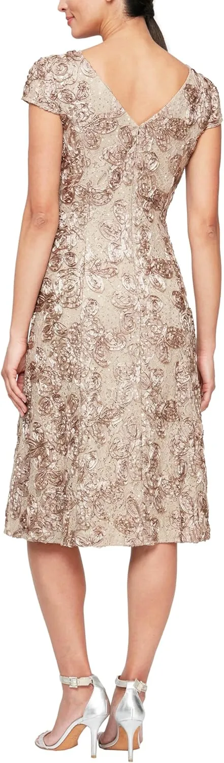Alex Evenings Women's Tea Length Mother of The Bride Dress with Rosette Lace Detail (Petite and Regular Sizes)