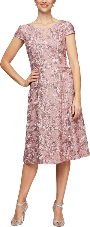 Alex Evenings Women's Tea Length Mother of The Bride Dress with Rosette Lace Detail (Petite and Regular Sizes)