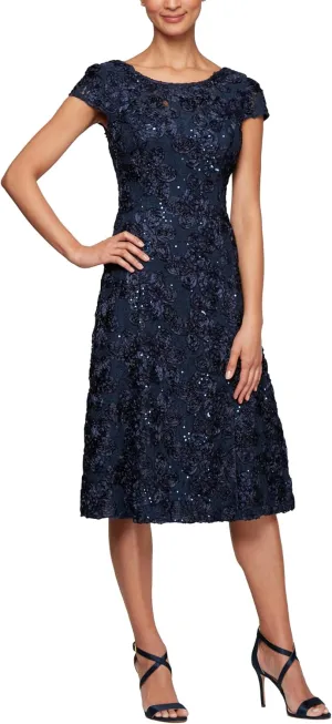 Alex Evenings Women's Tea Length Mother of The Bride Dress with Rosette Lace Detail (Petite and Regular Sizes)
