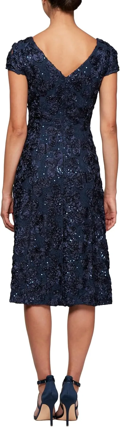Alex Evenings Women's Tea Length Mother of The Bride Dress with Rosette Lace Detail (Petite and Regular Sizes)