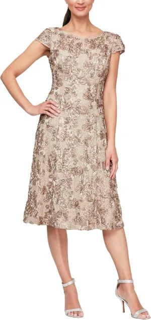 Alex Evenings Women's Tea Length Mother of The Bride Dress with Rosette Lace Detail (Petite and Regular Sizes)
