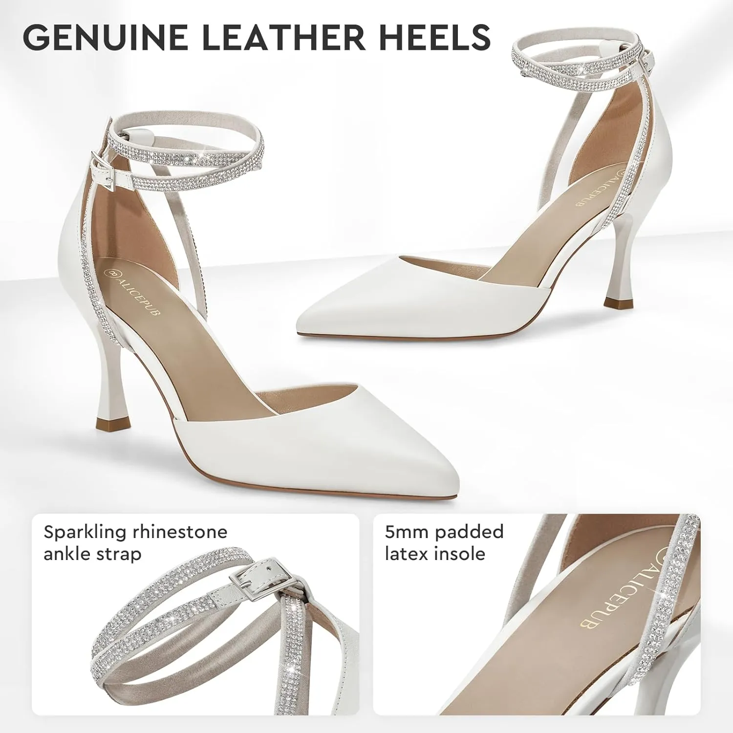 ALICEPUB Women's Closed Pointed Toe Heels Pumps Rhinestone Wedding Bridal Shoes for Bride 3Inch Stiletto Heels Dress Shoes for Women Party