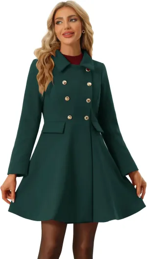 Allegra K Women's Turn Down Collar Double Breasted Trendy Outwear Swing Winter Pea Coat