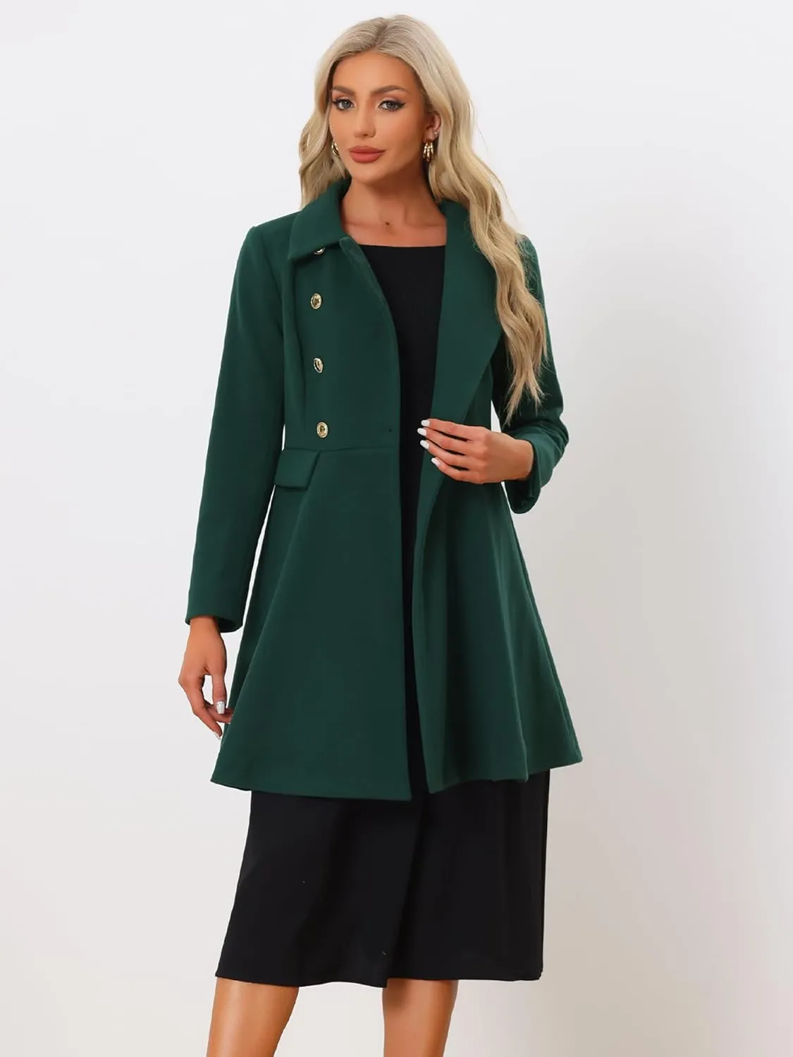 Allegra K Women's Turn Down Collar Double Breasted Trendy Outwear Swing Winter Pea Coat