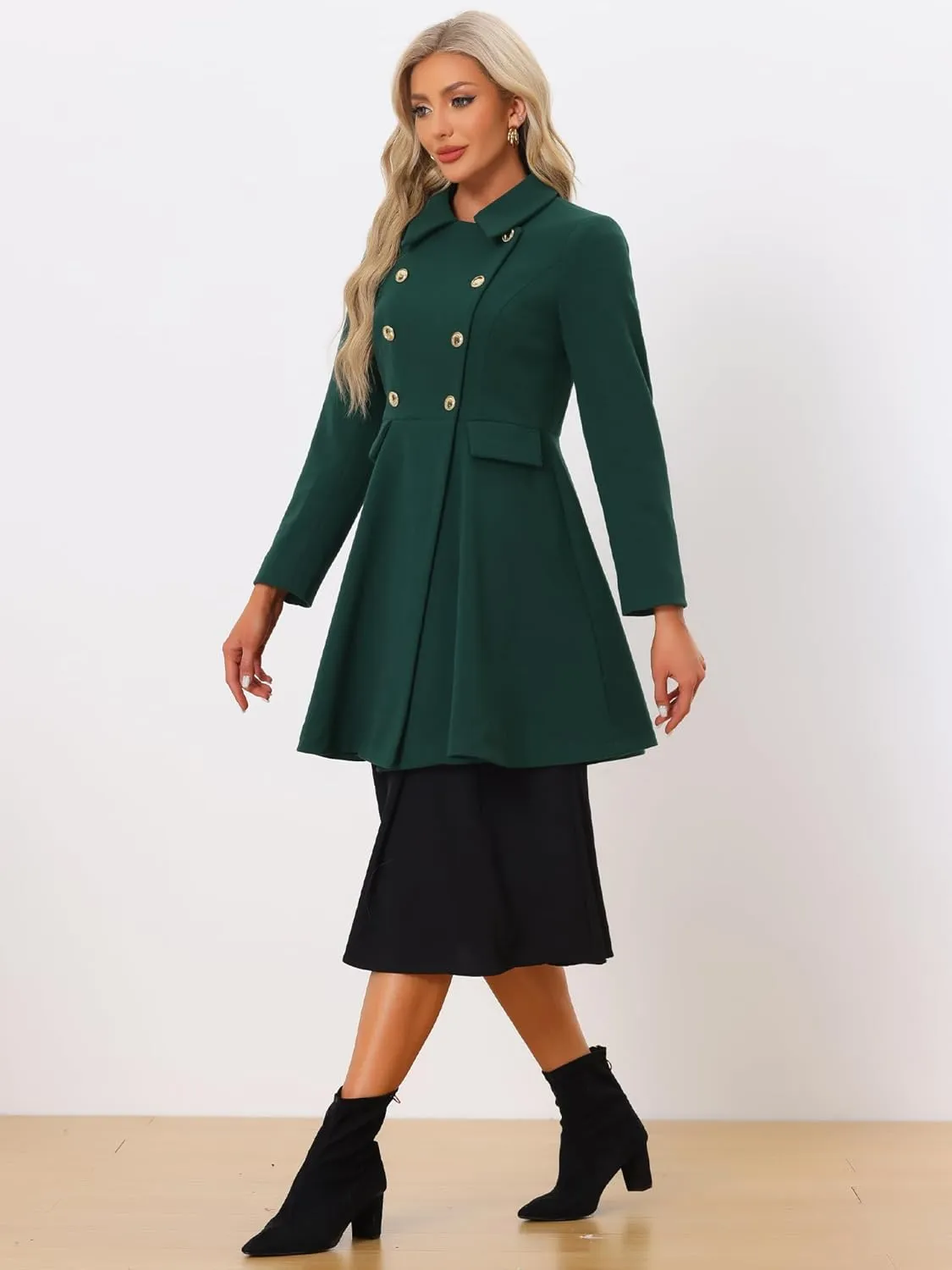 Allegra K Women's Turn Down Collar Double Breasted Trendy Outwear Swing Winter Pea Coat