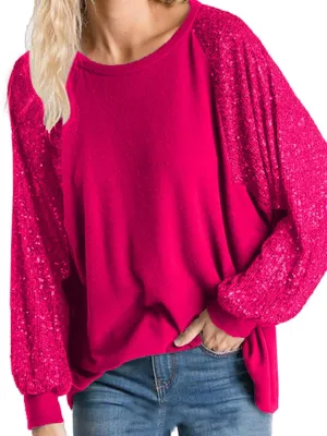 ALLTB Women's Sequin Tops Sparkle Long Sleeve Blouses Shimmer Glitter Sweatshirt Party Crewneck Loose Fit Shirts