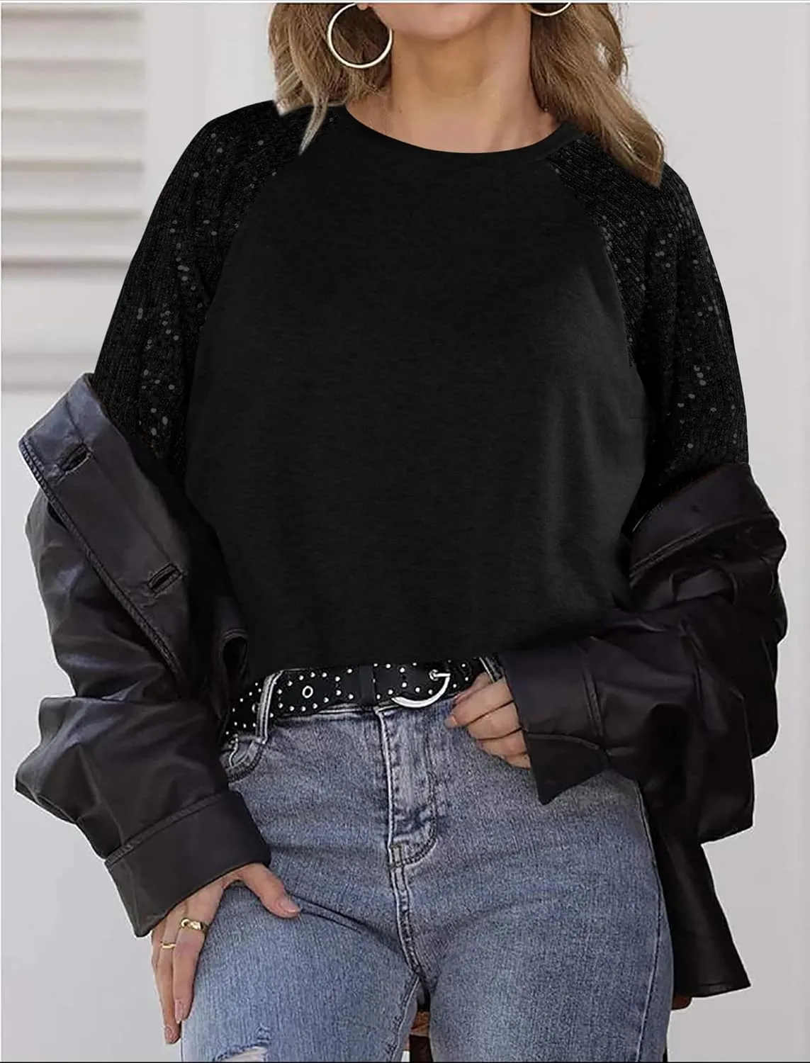 ALLTB Women's Sequin Tops Sparkle Long Sleeve Blouses Shimmer Glitter Sweatshirt Party Crewneck Loose Fit Shirts