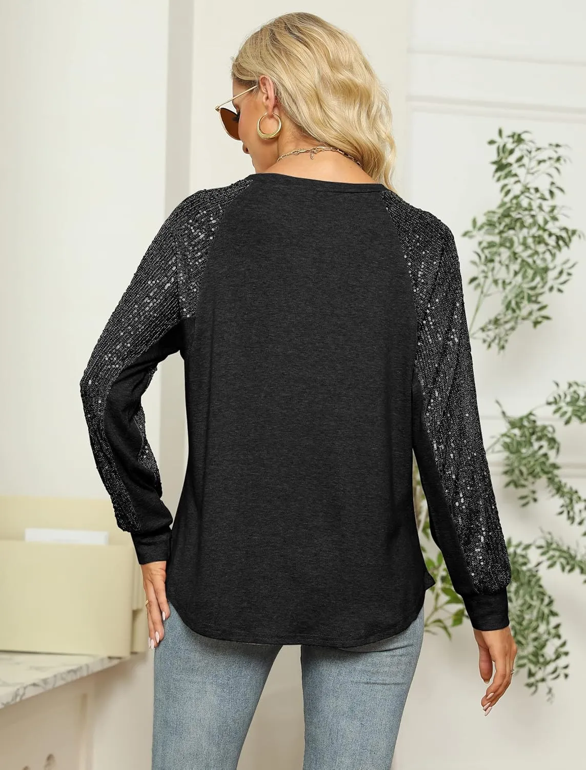 ALLTB Women's Sequin Tops Sparkle Long Sleeve Blouses Shimmer Glitter Sweatshirt Party Crewneck Loose Fit Shirts