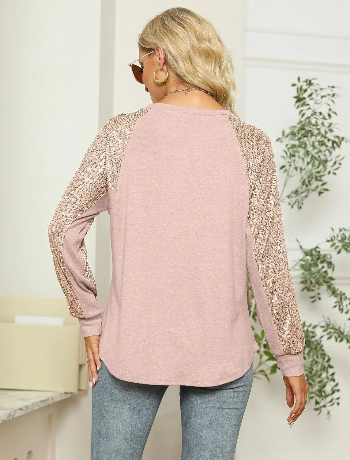 ALLTB Women's Sequin Tops Sparkle Long Sleeve Blouses Shimmer Glitter Sweatshirt Party Crewneck Loose Fit Shirts