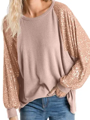 ALLTB Women's Sequin Tops Sparkle Long Sleeve Blouses Shimmer Glitter Sweatshirt Party Crewneck Loose Fit Shirts