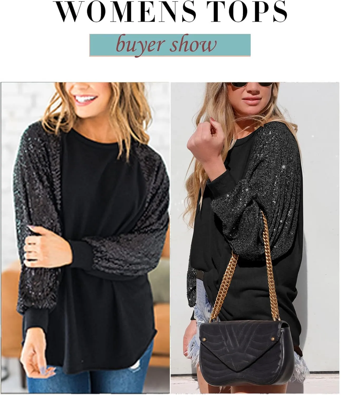 ALLTB Women's Sequin Tops Sparkle Long Sleeve Blouses Shimmer Glitter Sweatshirt Party Crewneck Loose Fit Shirts