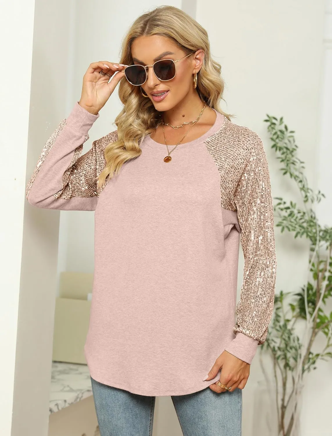 ALLTB Women's Sequin Tops Sparkle Long Sleeve Blouses Shimmer Glitter Sweatshirt Party Crewneck Loose Fit Shirts
