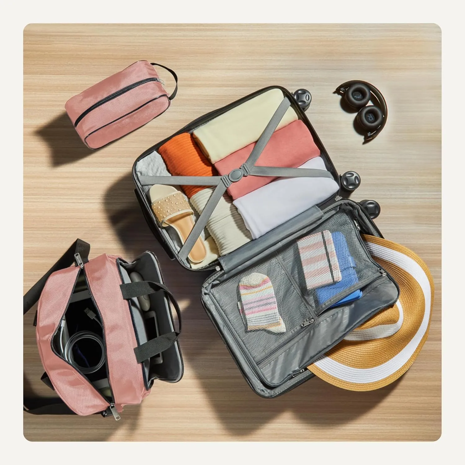 Amazon Basics 3-Piece Luggage Set, Including Carry-On Luggage (22" Expandable Hardside Suitcase With 8 Spinner Wheels), 15" Tote Bag, and 10" Compact Travel Bag, Rose Gold