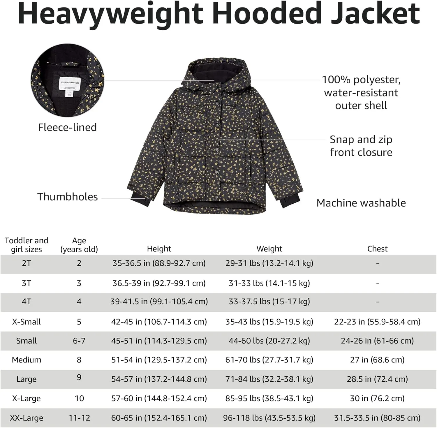 Amazon Essentials Girls and Toddlers' Heavyweight Hooded Puffer Coat, Water-Resistant