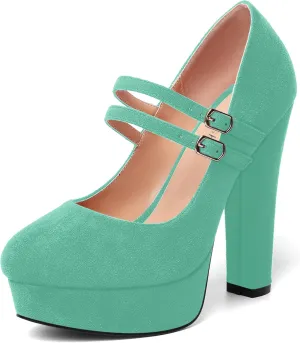 AMBELIGHT Womens Round Toe Mary Janes Evening Ankle Strap Suede Dress Buckle Platform Block High Heel Pumps Shoes 5 Inch