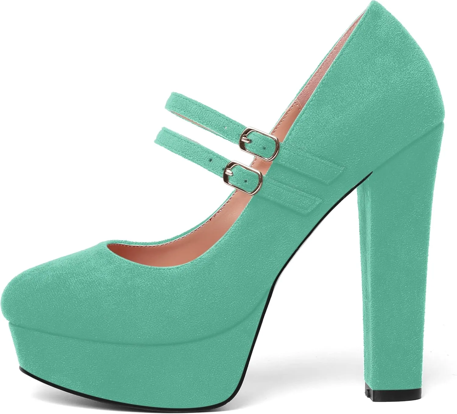 AMBELIGHT Womens Round Toe Mary Janes Evening Ankle Strap Suede Dress Buckle Platform Block High Heel Pumps Shoes 5 Inch