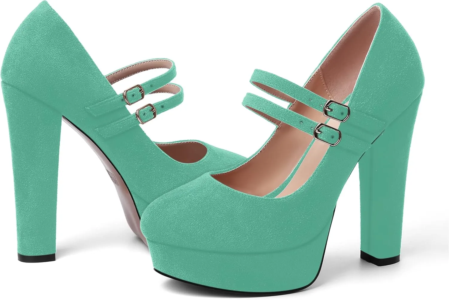 AMBELIGHT Womens Round Toe Mary Janes Evening Ankle Strap Suede Dress Buckle Platform Block High Heel Pumps Shoes 5 Inch