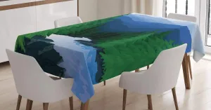 Ambesonne Northwoods Tablecloth, Evening in The Mountains Oak Forest with River Wilderness, Dining Room Kitchen Rectangular Table Cover, 52" X 70", Fern Green Blue and Dark Teal
