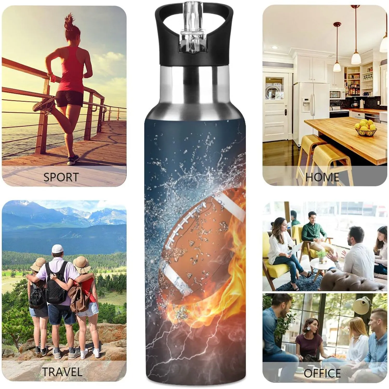 American Football Fire Water Bottle Kids Insulated Thermos Stainless Steel Hot Cold Water Flask Jug with Straw Lid for Sports Gym Running 20 oz