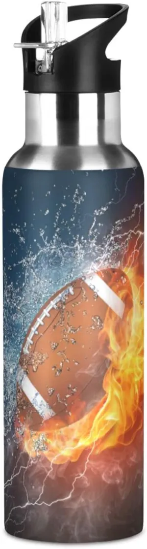 American Football Fire Water Bottle Kids Insulated Thermos Stainless Steel Hot Cold Water Flask Jug with Straw Lid for Sports Gym Running 20 oz