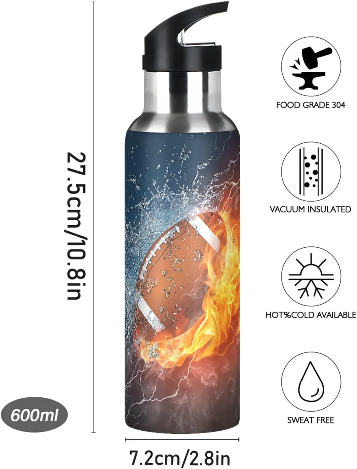 American Football Fire Water Bottle Kids Insulated Thermos Stainless Steel Hot Cold Water Flask Jug with Straw Lid for Sports Gym Running 20 oz