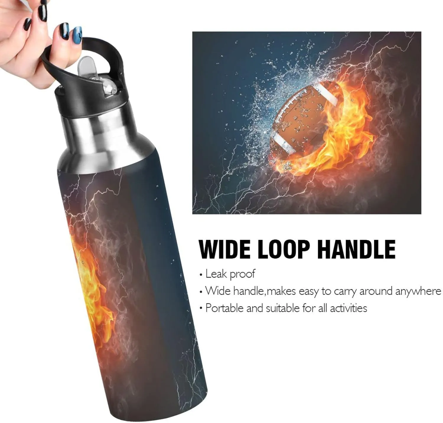 American Football Fire Water Bottle Kids Insulated Thermos Stainless Steel Hot Cold Water Flask Jug with Straw Lid for Sports Gym Running 20 oz