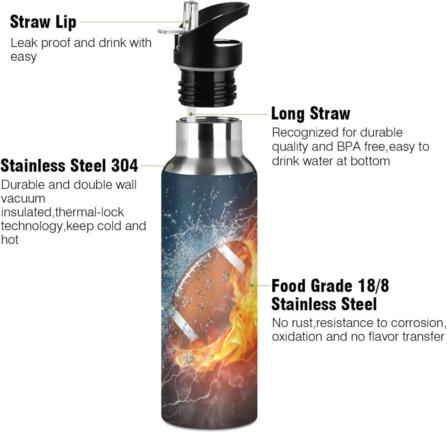 American Football Fire Water Bottle Kids Insulated Thermos Stainless Steel Hot Cold Water Flask Jug with Straw Lid for Sports Gym Running 20 oz