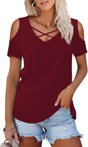 Amoretu Womens Summer Shirts V Neck Criss Cross Cold Shoulder Tops Blouse