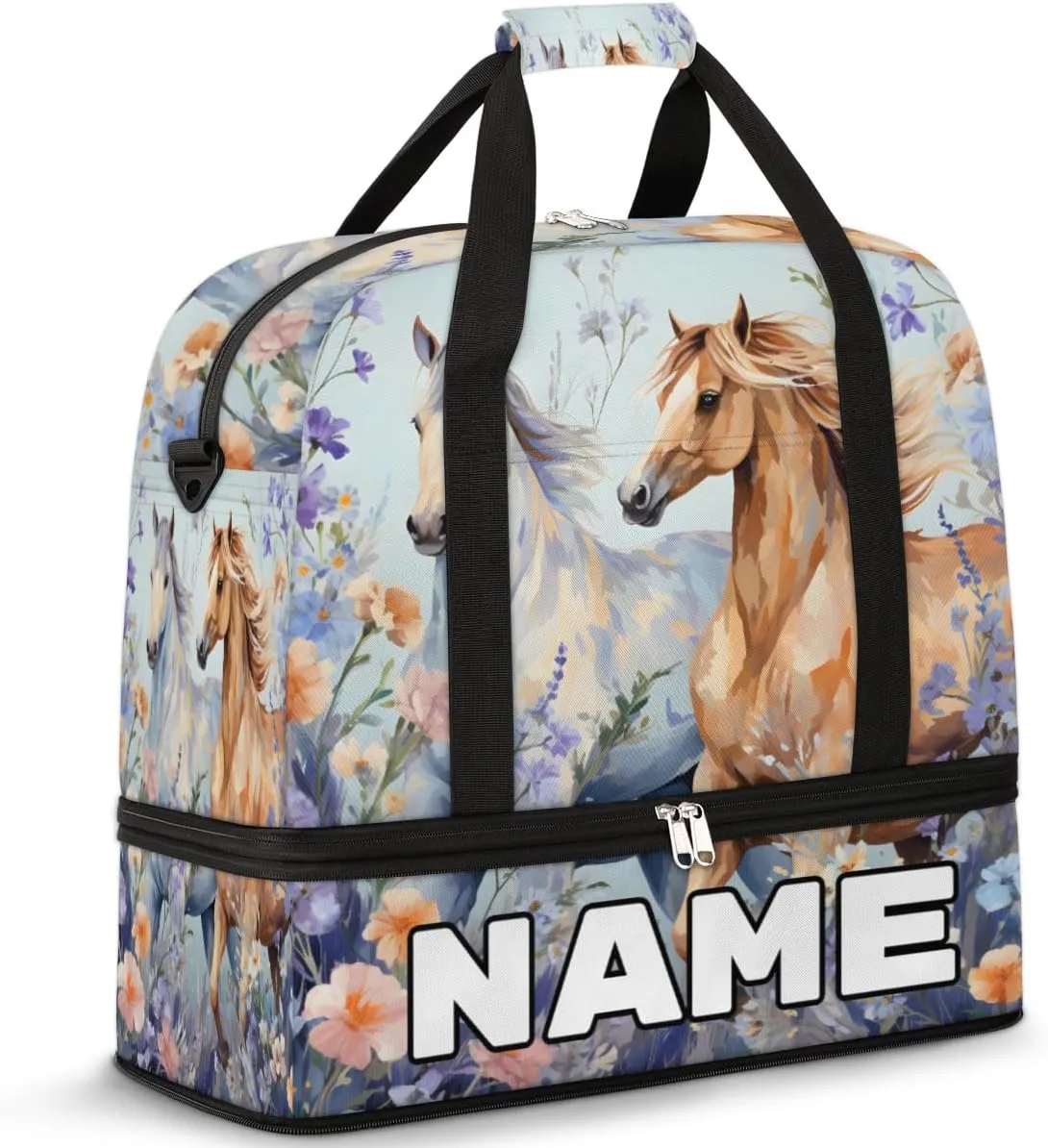 Animal Running Horses Custom Foldable Duffle Bag with Shoes Compartment Personalized Large Capacity Waterproof Travel Weekender Bag Overnight Bag for Sports Gym