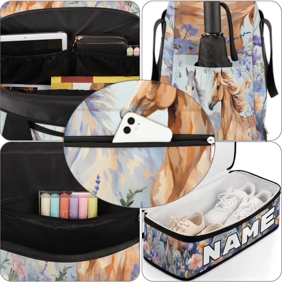 Animal Running Horses Custom Foldable Duffle Bag with Shoes Compartment Personalized Large Capacity Waterproof Travel Weekender Bag Overnight Bag for Sports Gym