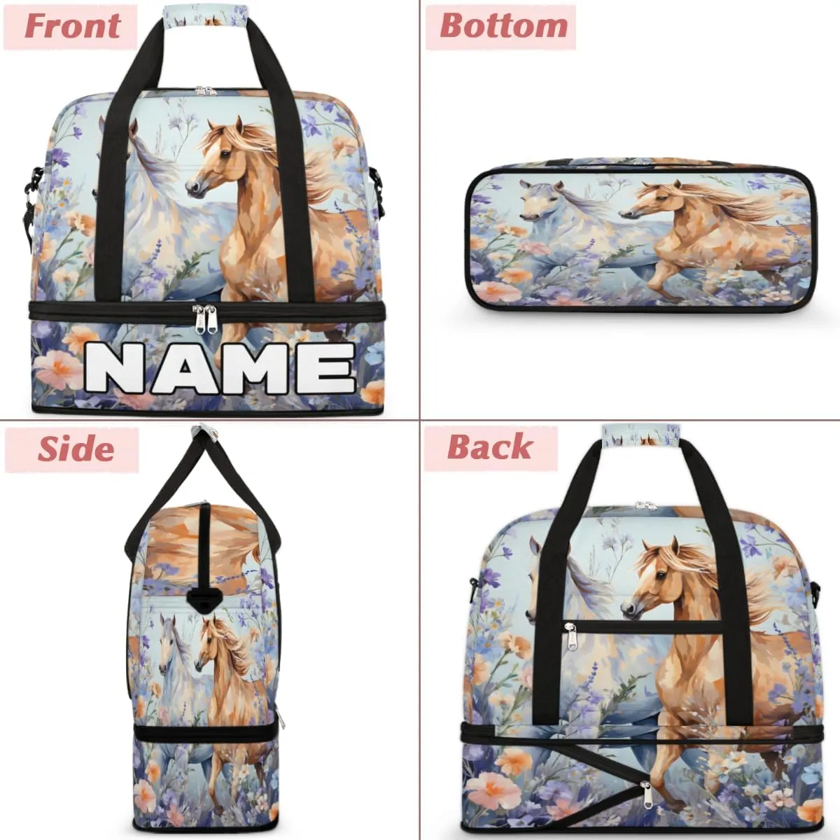 Animal Running Horses Custom Foldable Duffle Bag with Shoes Compartment Personalized Large Capacity Waterproof Travel Weekender Bag Overnight Bag for Sports Gym