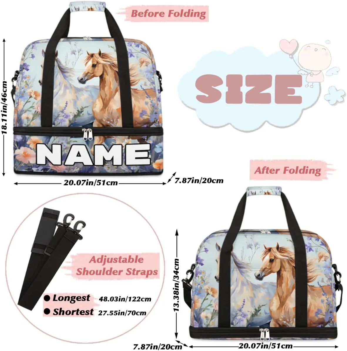 Animal Running Horses Custom Foldable Duffle Bag with Shoes Compartment Personalized Large Capacity Waterproof Travel Weekender Bag Overnight Bag for Sports Gym