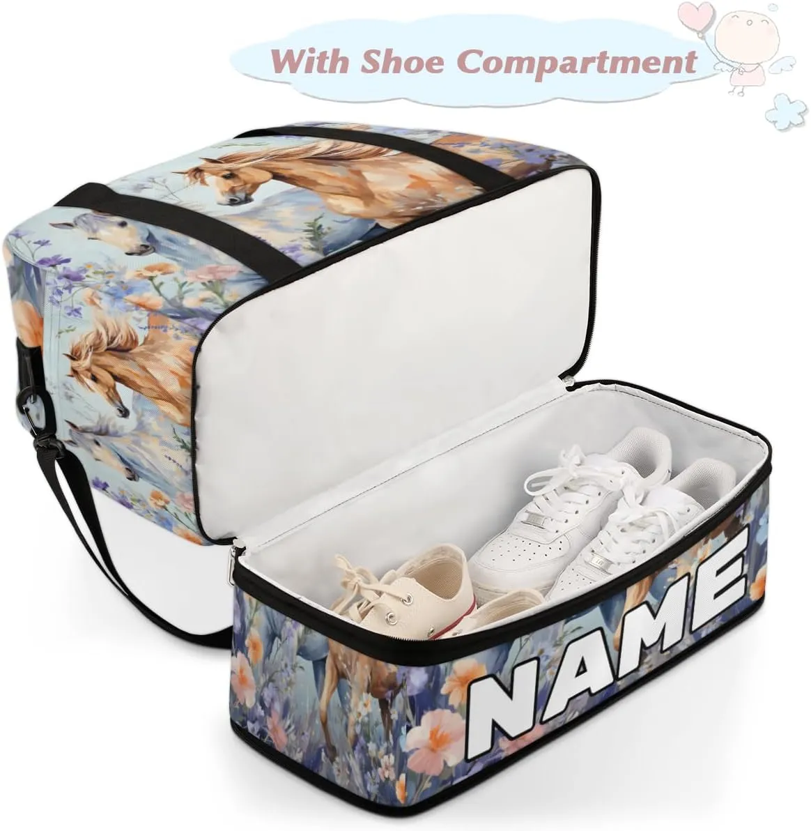 Animal Running Horses Custom Foldable Duffle Bag with Shoes Compartment Personalized Large Capacity Waterproof Travel Weekender Bag Overnight Bag for Sports Gym