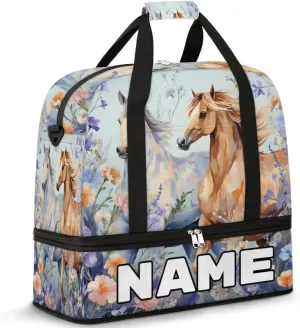 Animal Running Horses Custom Foldable Duffle Bag with Shoes Compartment Personalized Large Capacity Waterproof Travel Weekender Bag Overnight Bag for Sports Gym