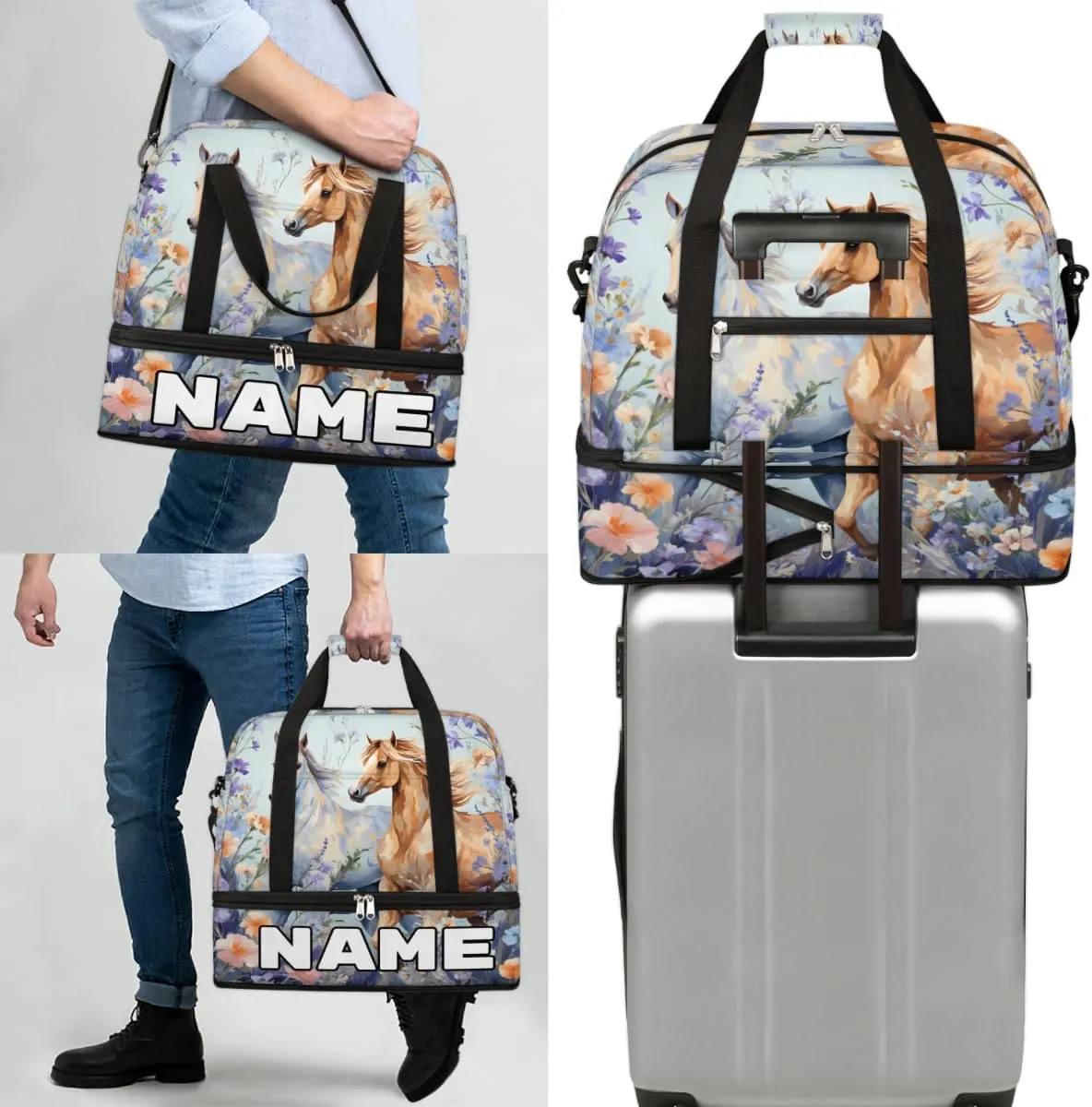 Animal Running Horses Custom Foldable Duffle Bag with Shoes Compartment Personalized Large Capacity Waterproof Travel Weekender Bag Overnight Bag for Sports Gym