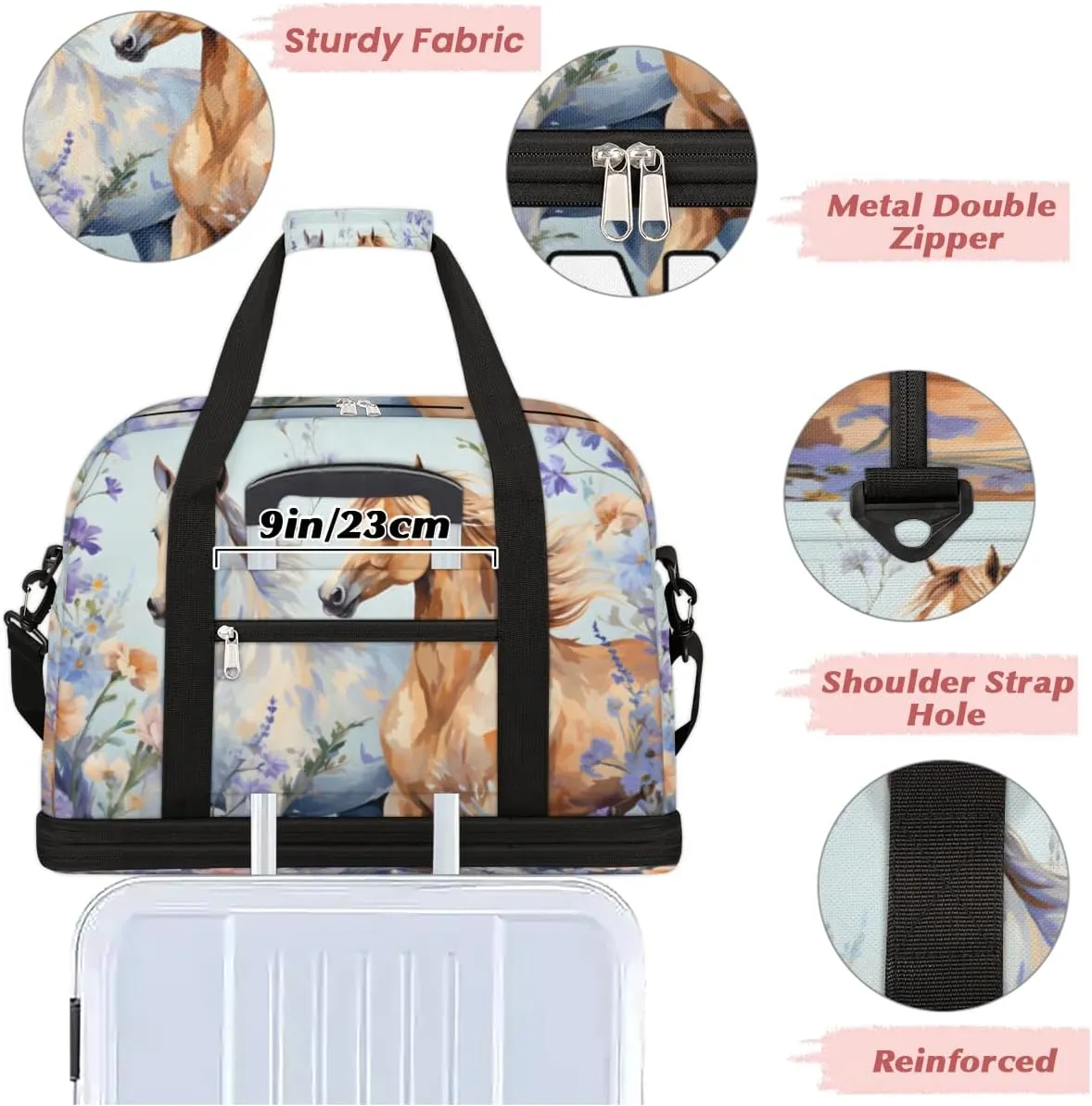 Animal Running Horses Custom Foldable Duffle Bag with Shoes Compartment Personalized Large Capacity Waterproof Travel Weekender Bag Overnight Bag for Sports Gym