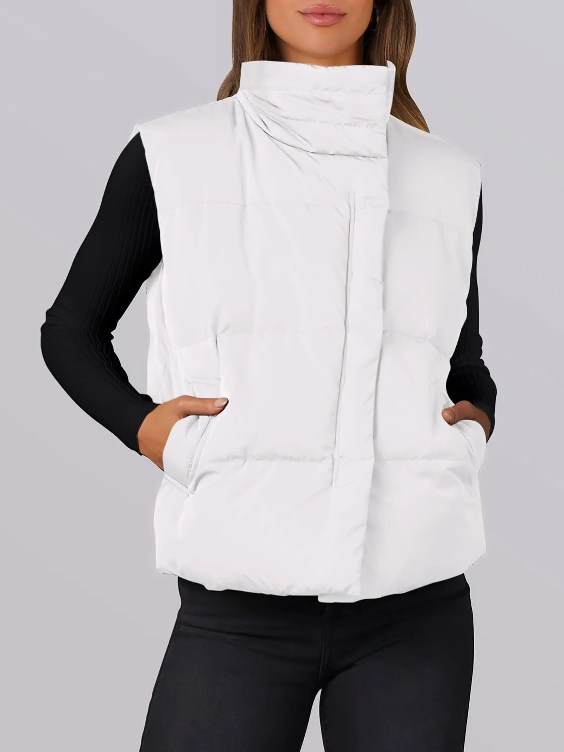 ANRABESS Women Puffer Vest Sleeveless Zip Up Stand Collar Quilted Lightweight Jacket Winter Warm Puffer Padded Down Outerwear