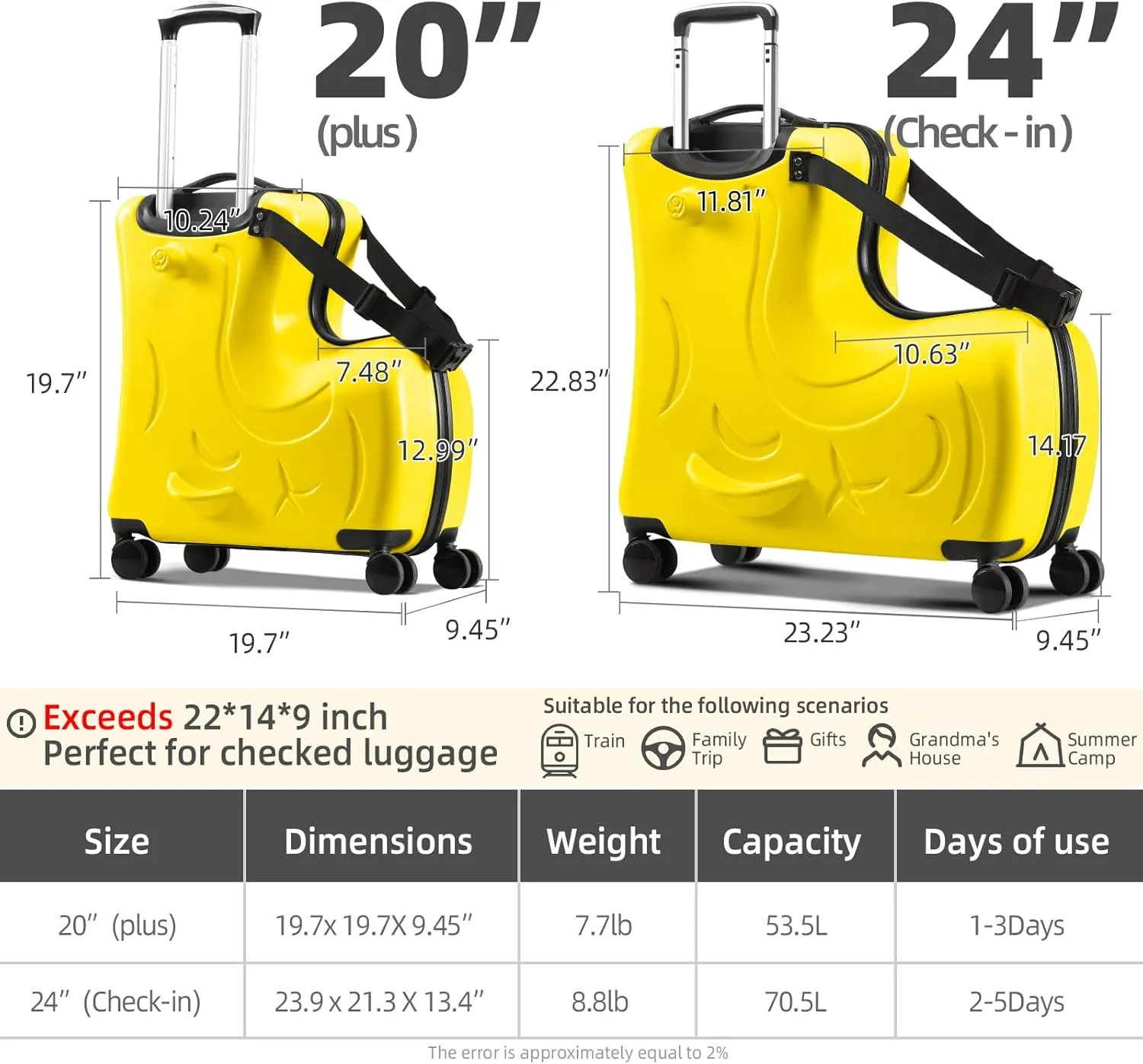 AOWEILA Hardside Ride on Kids Luggage with 4 Spinner Wheels for Girls and Boys, Rolling Childrens Travel Suitcase with Seat and Safety Belt for Toddler Ages 2-12 (Yellow, 25-Inch Versatile Checked)