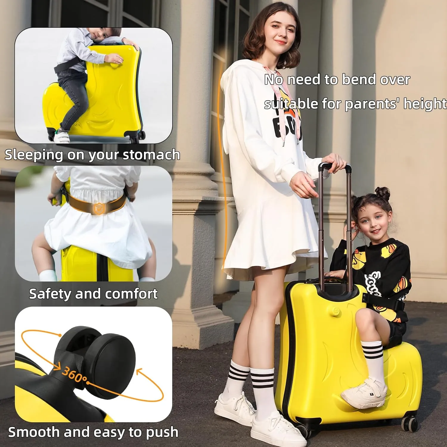 AOWEILA Hardside Ride on Kids Luggage with 4 Spinner Wheels for Girls and Boys, Rolling Childrens Travel Suitcase with Seat and Safety Belt for Toddler Ages 2-12 (Yellow, 25-Inch Versatile Checked)