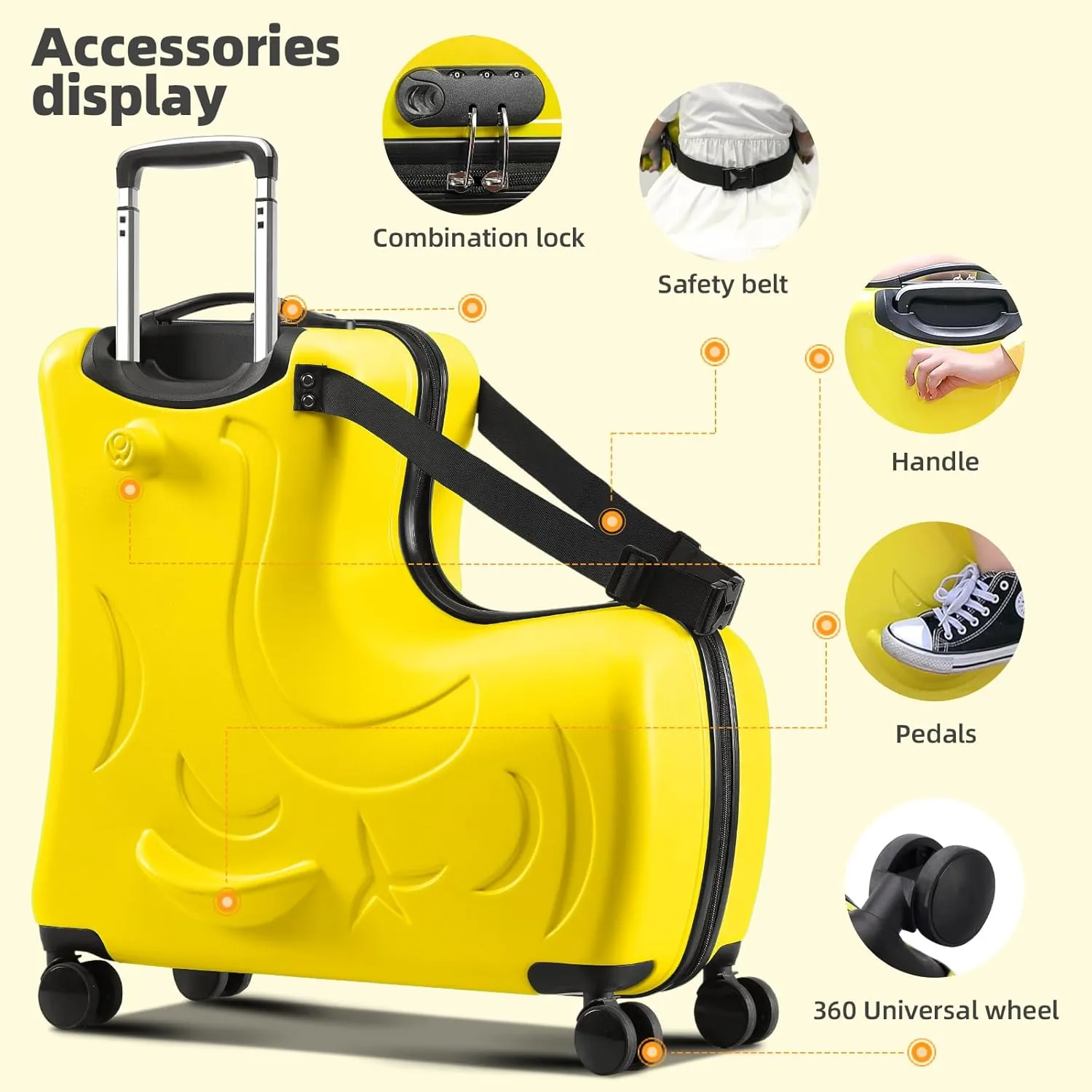 AOWEILA Hardside Ride on Kids Luggage with 4 Spinner Wheels for Girls and Boys, Rolling Childrens Travel Suitcase with Seat and Safety Belt for Toddler Ages 2-12 (Yellow, 25-Inch Versatile Checked)