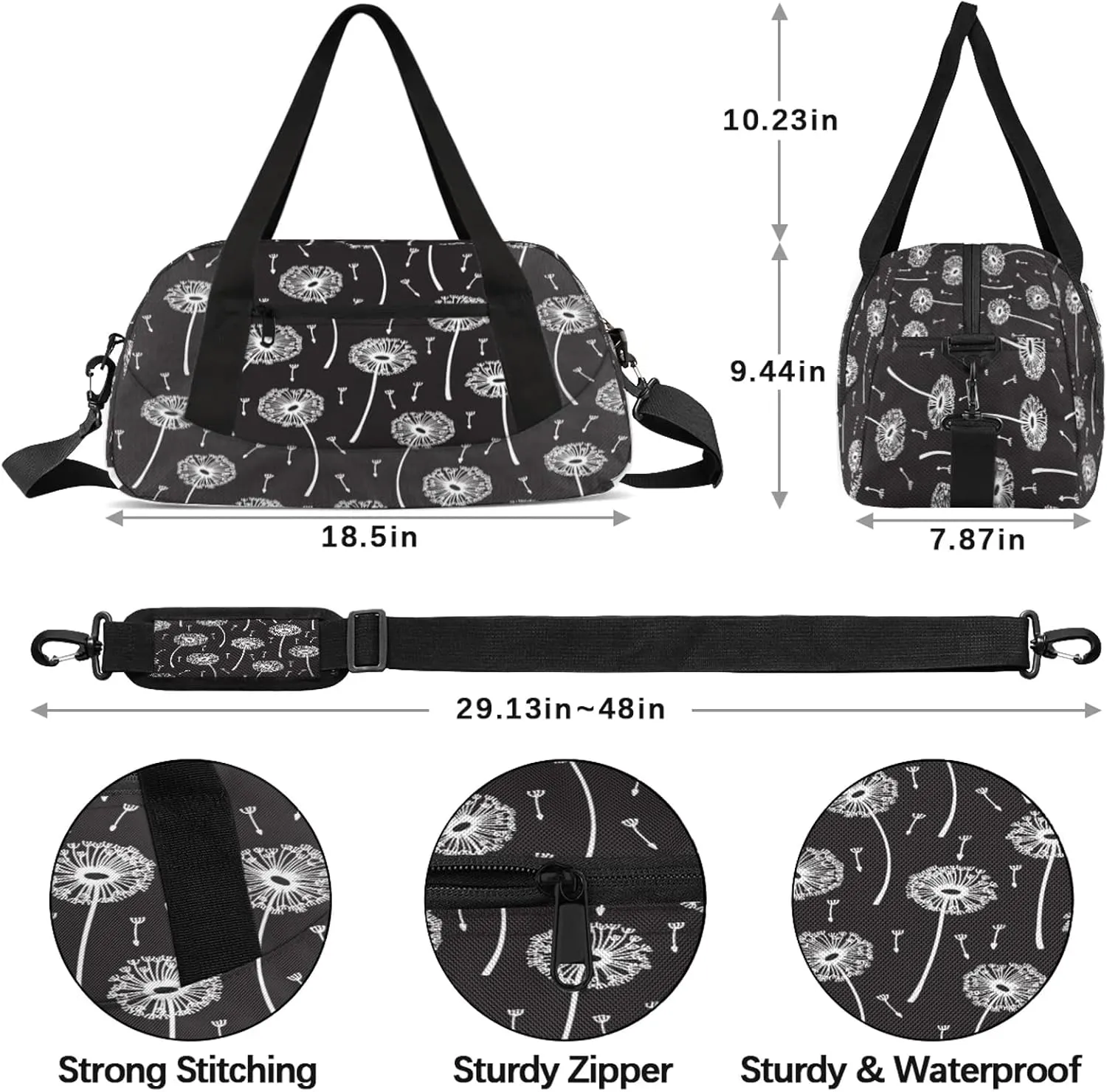 Art Dandelion Pattern Kids Duffel Bag Lightweight Waterproof Sports Gym Bag with Front Zipper Pocket Foldable Weekender Overnight Bag for School Practice Gymnastic Ballet